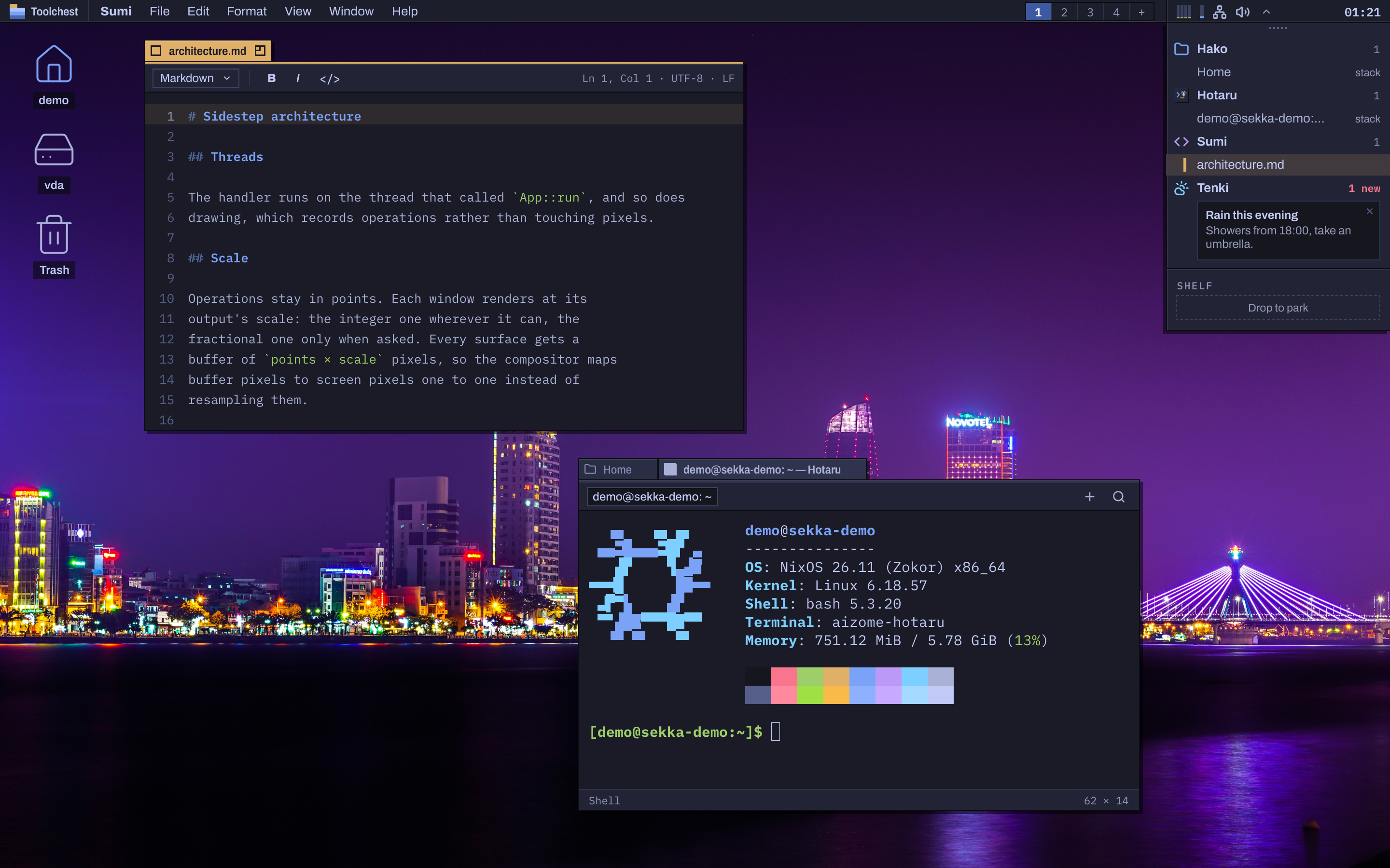 The Aizome desktop with Sumi focused on a Markdown file, architecture.md: its headings, code and line numbers styled; Hotaru and Files stacked in one group below it; Tenki's notification filed in the Deskbar.