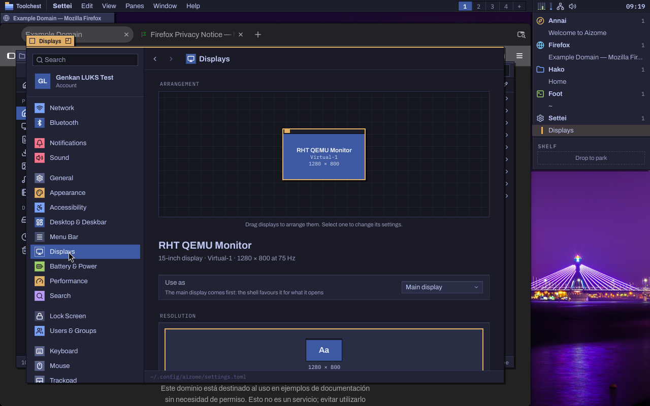 Settei's Displays pane on a freshly installed Sekka: one QEMU monitor in the arrangement, its resolution, and Use as main display; Firefox, Hako and Annai's welcome listed in the Deskbar beside it.